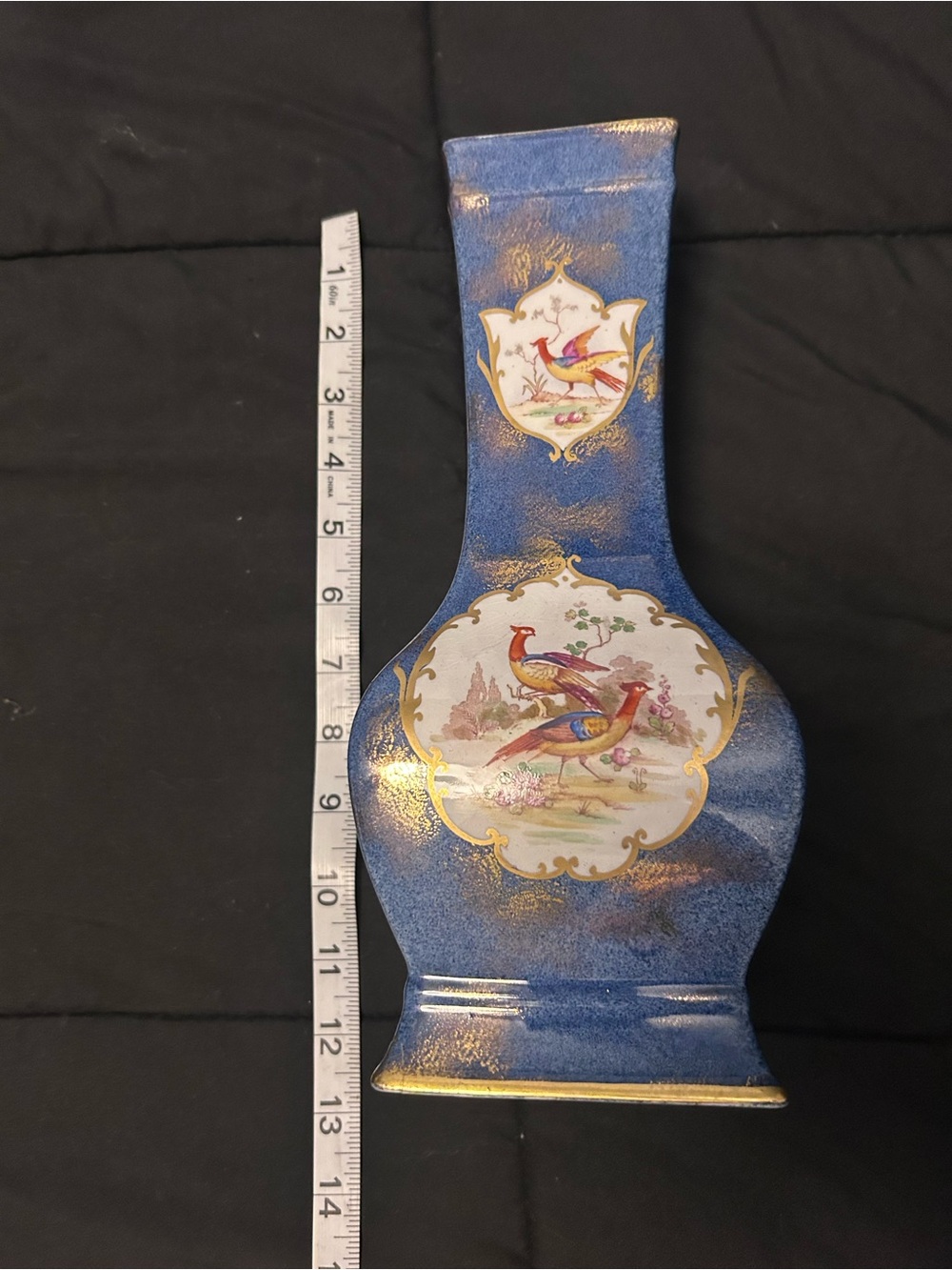 Blue Porcelain Bud Vase with Painted Bird Medallions Vintage